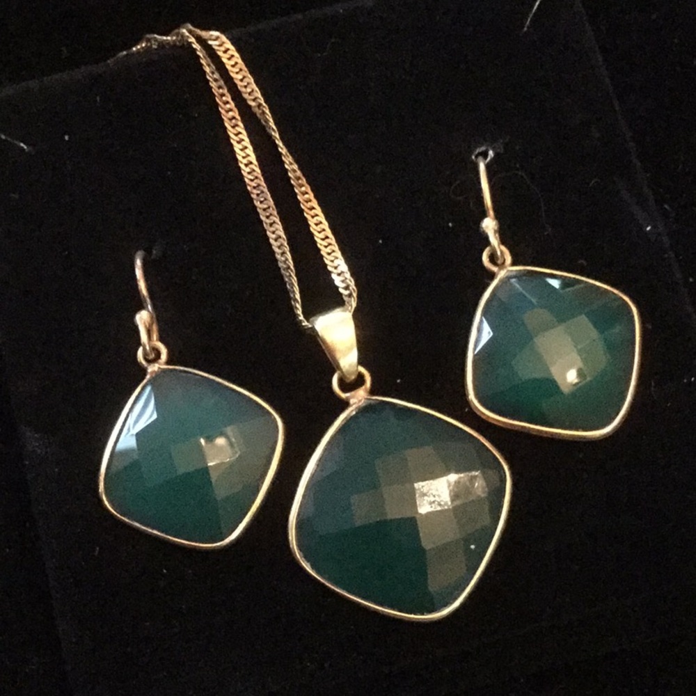 Mint condition Gold-Trim Teal Faceted Pendant & Earrings Set